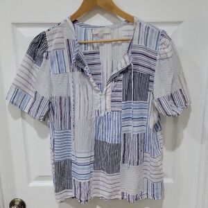 LOFT Women's Blue and White Patchwork Shirt